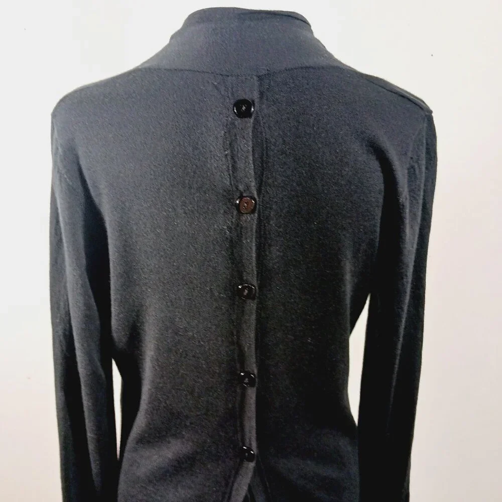 Forte Black Merino Wool & Silk Blend Button Back Open Long Sleeve Cardigan, MED